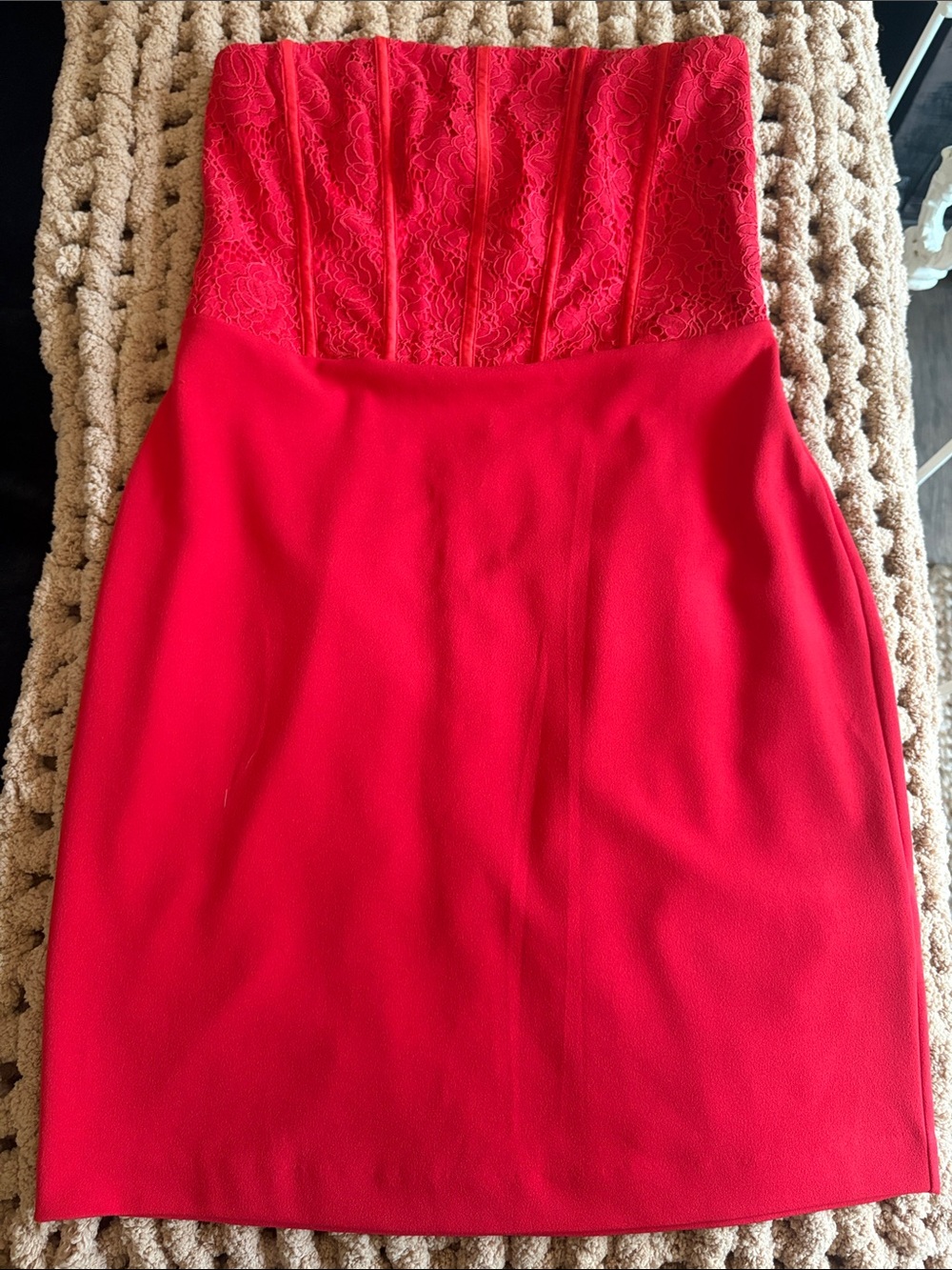 NWT Express Strapless Red Lace Corset Bodice Sheath Dress Med